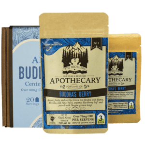 3 sizes of Buddha's Berry, CBD Green Tea, by the Brother's Apothecary