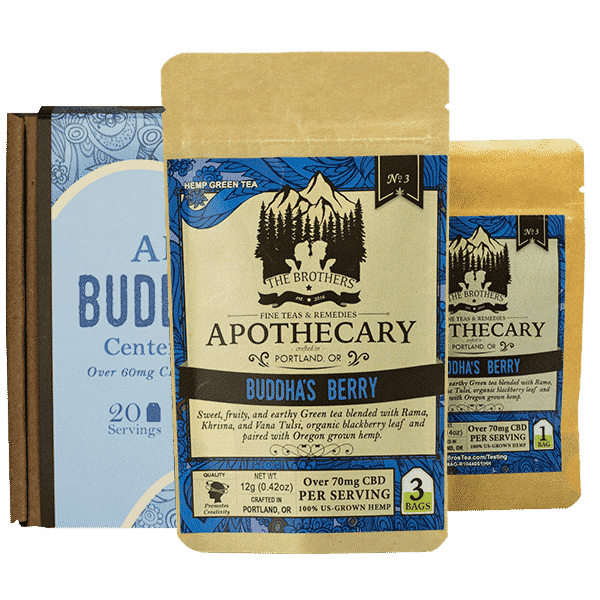 3 sizes of Buddha's Berry, CBD Green Tea, by the Brother's Apothecary