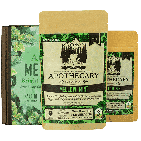 3 sizes of Mellow Mint, CBD Mint Tea, by the Brother's Apothecary