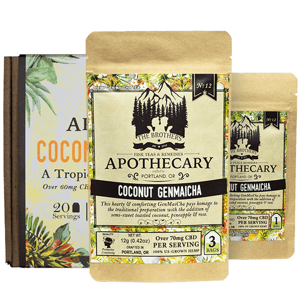 3 sizes of Coconut Genmaicha, CBD Genmaicha Tea, by The Brother's Apothecary