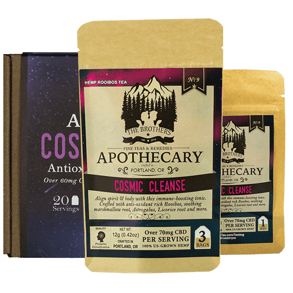 Three Sizes of Cosmic Cleanse, CBD Rooibios tea, by The Brother's Apothecary