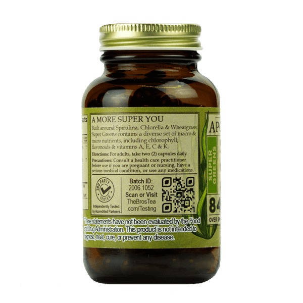 Back Label of Super Greens, cbd spirulina wheatgrass, by The Brother's Apothecary