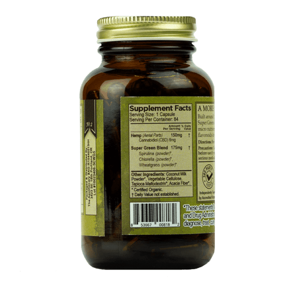 Side Label of Super Greens, cbd spirulina wheatgrass, by The Brother's Apothecary