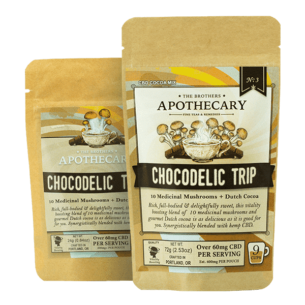 Two sizes of Chocodelic Trip, Mushroom CBD Hot Cocoa, by the Brother's Apothecary