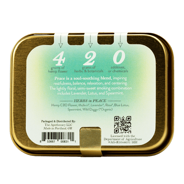 Back of Tin of Peace Hemp CBD Flower by The Brother's Apothecary