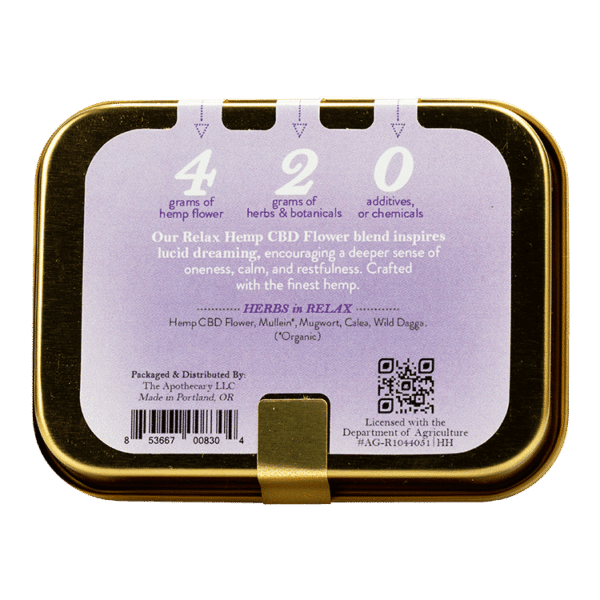 Back of Tin of Relax Hemp CBD Flower