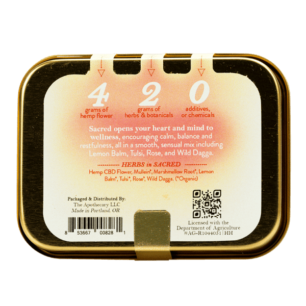 back of Tin of Sacred Hemp CBD by The Brother's Apothecary