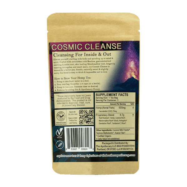 Back label of 3 pack of Cosmic Cleanse, CBD Rooibos Tea, by The Brother's Apothecary