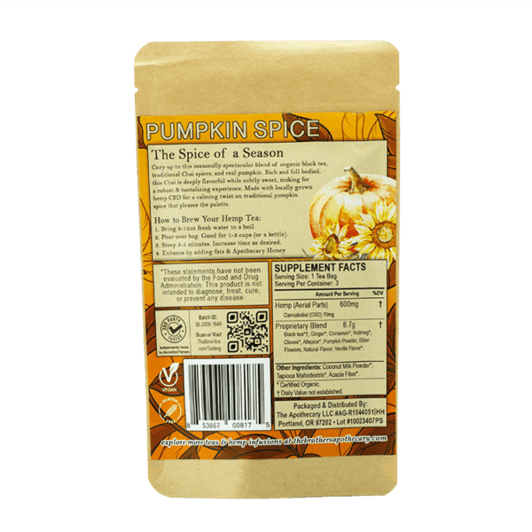 Back label of 3 pack CBD Pumpkin Spice Chair by Brother's Apothecary