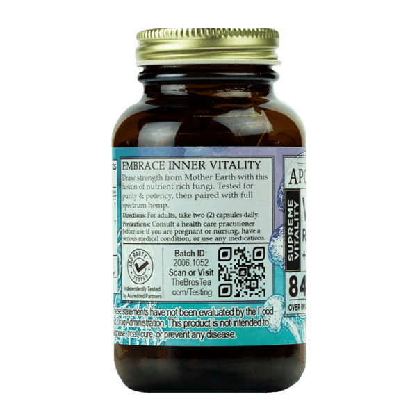 Back of the label for for Supreme Vitality with CBD Reishi, Cordyceps, and more by The Brother's Apothecary