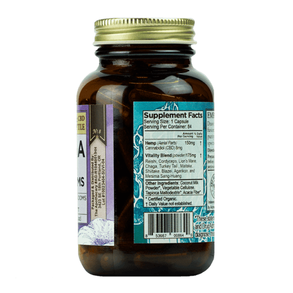 Side of the label for Supreme Vitality with CBD Reishi, Cordyceps, and more by The Brother's Apothecary