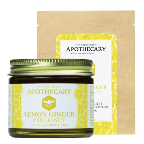 A jar and a packet for Lemon Ginger CBD Honey by The Brother's Apothecary