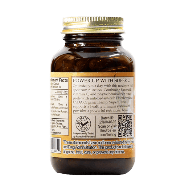 Back of the label of Super C, Citrus CBD Capsules with Orange, Grapefruit, Lemon and Elderberry by The Brother's Apothecary