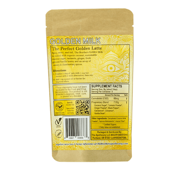 Back of 9 servings of CBD Golden Milk by The Brother's Apothecary