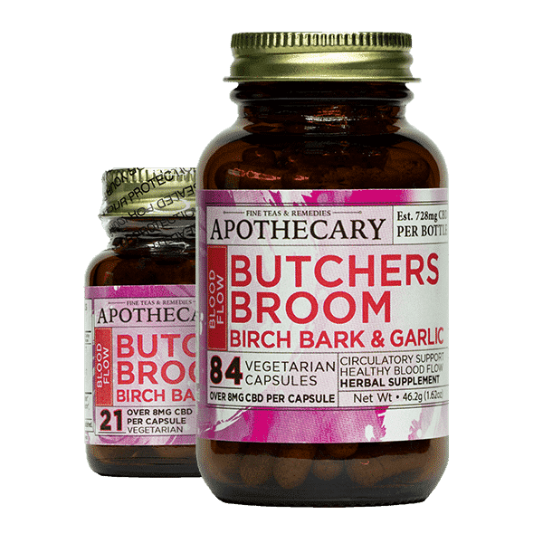 Two sizes of Blood Flow, CBD Garlic, Butcher's Broom and Birch Bark Capsules by The Brother's Apothecary