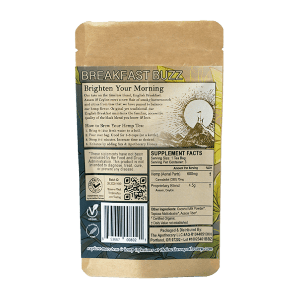 Back of the 3 pack of Breakfast Buzz, CBD Breakfast Tea, by the Brother's Apothecary, CBD Black Tea