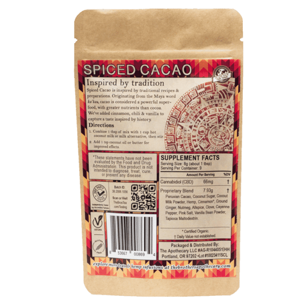 Back of 9 serving Spiced Cacao CBD Drink Mix