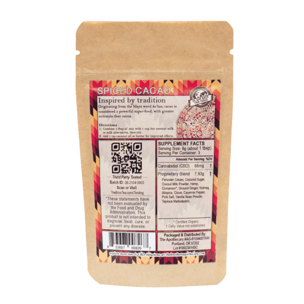 back of 3 serving Spiced Cacao CBD Drink Mix