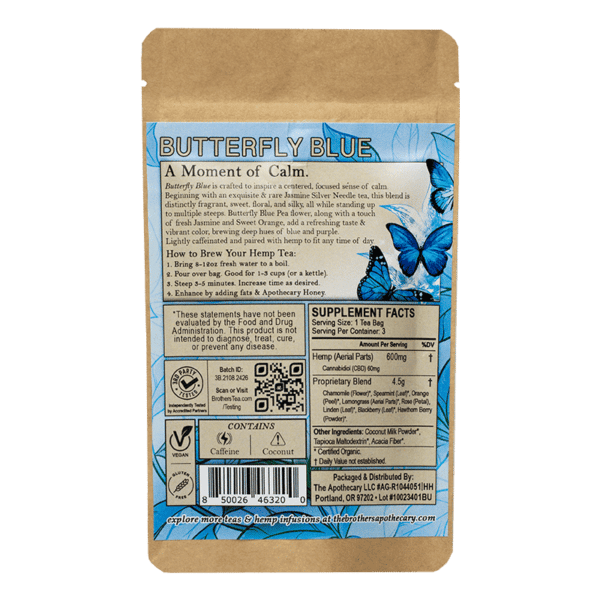 Back of 3 pack, Butterfly Blue, CBD Jasmine Tea, by the Brother's Apothecary