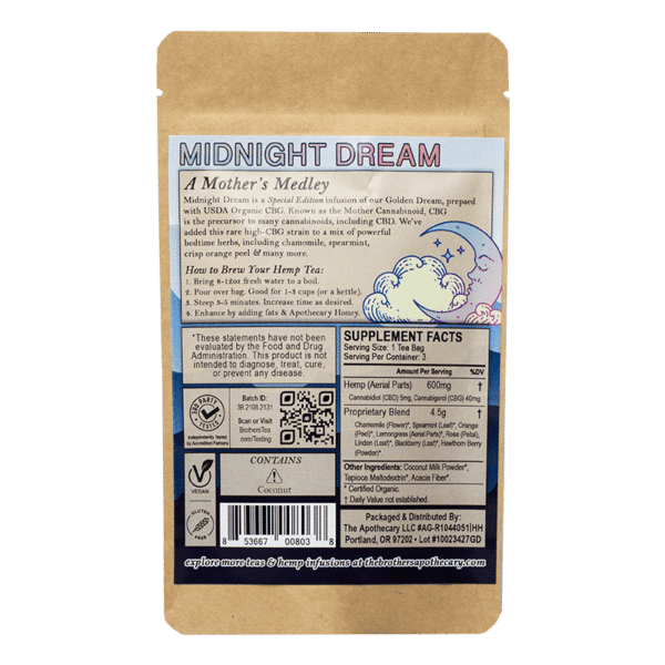 Back Label of 3 pack Midnight Dream CBG Chamomile Tea